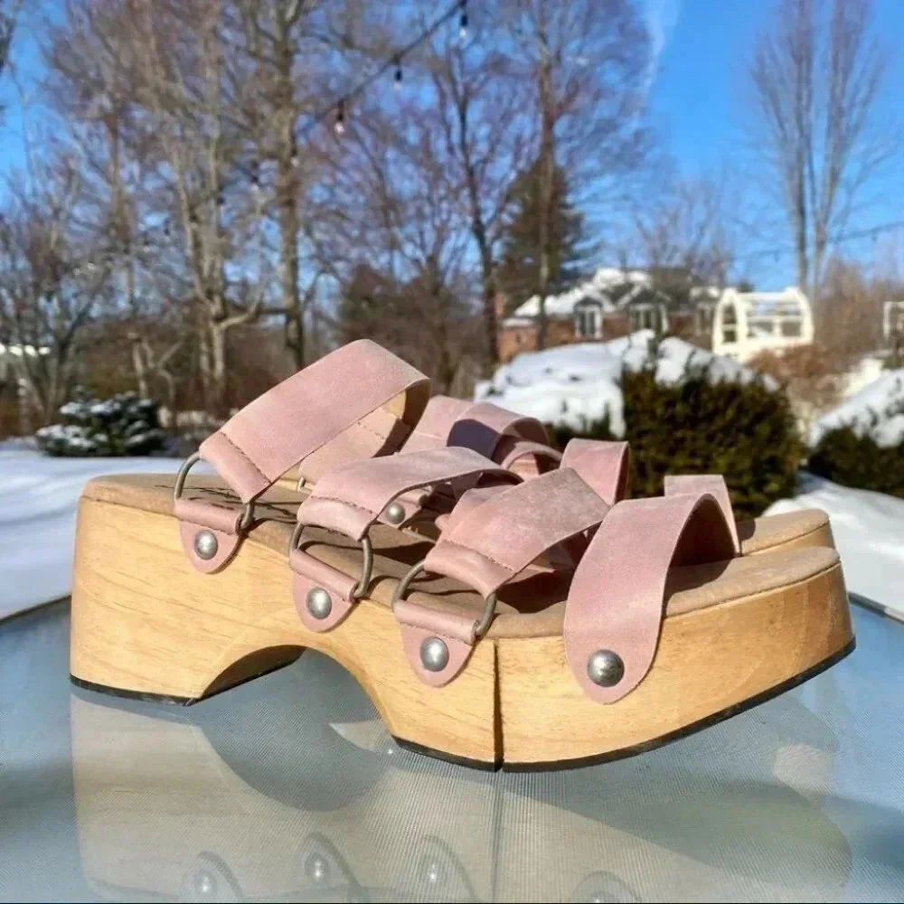 New Free People Virgo Switchback Suede Platform Sandals Pink US 10